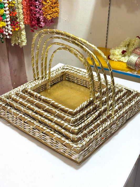 Traditional Mehndi Basket Gift Hamper 5 Pc Set with Jali & Ribbon | Wedding Gift Hamper